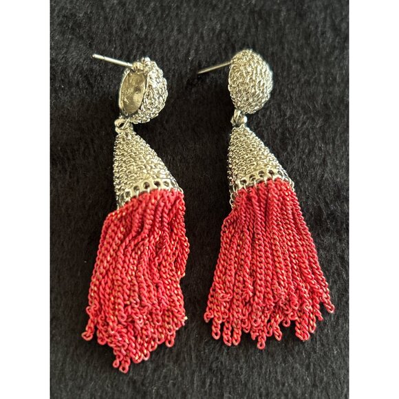 Silver & Red Tassel Chain Drop Earrings Statement Jewelry 2.5" Vintage Style - Picture 2 of 5